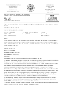 Permanent Administrative Order Filed 03/28/2019 4:44 Pm Dsl 2-2019 Archives Division Chapter 141 Secretary of State Department of State Lands & Legislative Counsel