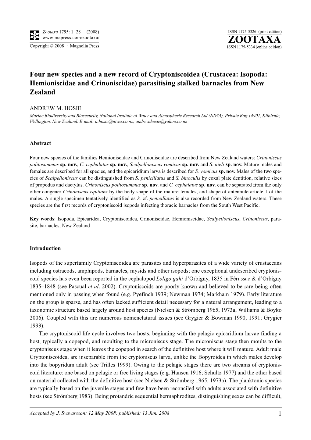 Zootaxa, Four New Species and a New Record of Cryptoniscoidea