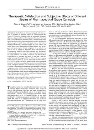 Therapeutic Satisfaction and Subjective Effects of Different Strains of Pharmaceutical-Grade Cannabis
