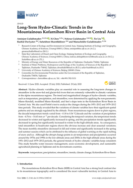 Long-Term Hydro–Climatic Trends in the Mountainous Kofarnihon River Basin in Central Asia