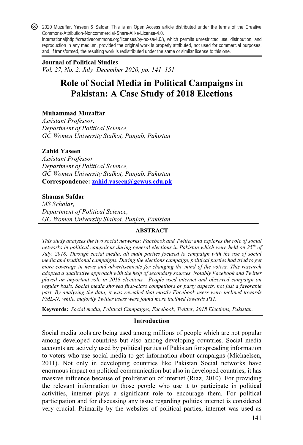 Role of Social Media in Political Campaigns in Pakistan: a Case Study of 2018 Elections