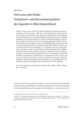 Und Konsumtionssphären Der Zigarette in (West-)Deutschland