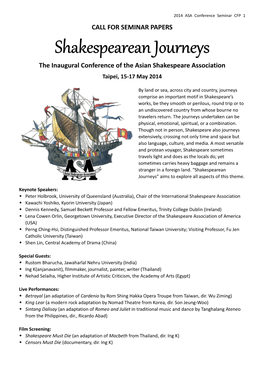Shakespearean Journeys the Inaugural Conference of the Asian Shakespeare Association Taipei, 15‐17 May 2014