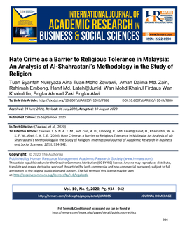 Hate Crime As a Barrier to Religious Tolerance in Malaysia: an Analysis of Al-Shahrastani’S Methodology in the Study of Religion