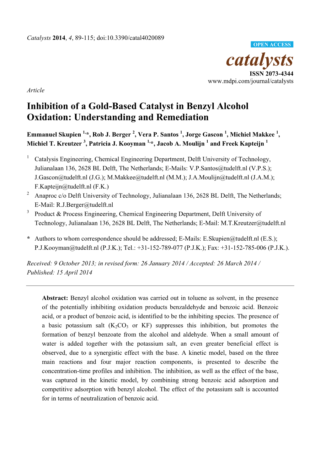 Inhibition of a Gold-Based Catalyst in Benzyl Alcohol Oxidation: Understanding and Remediation