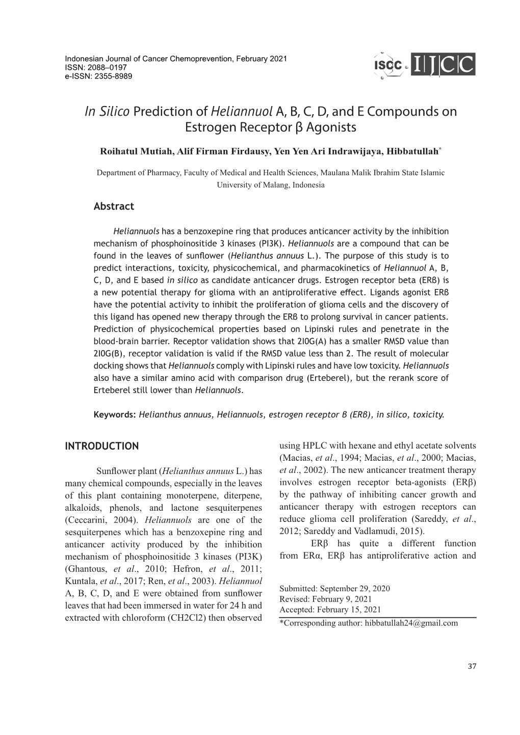 In Silico Prediction of Heliannuol A, B, C, D, and E Compounds on Estrogen Receptor Β Agonists