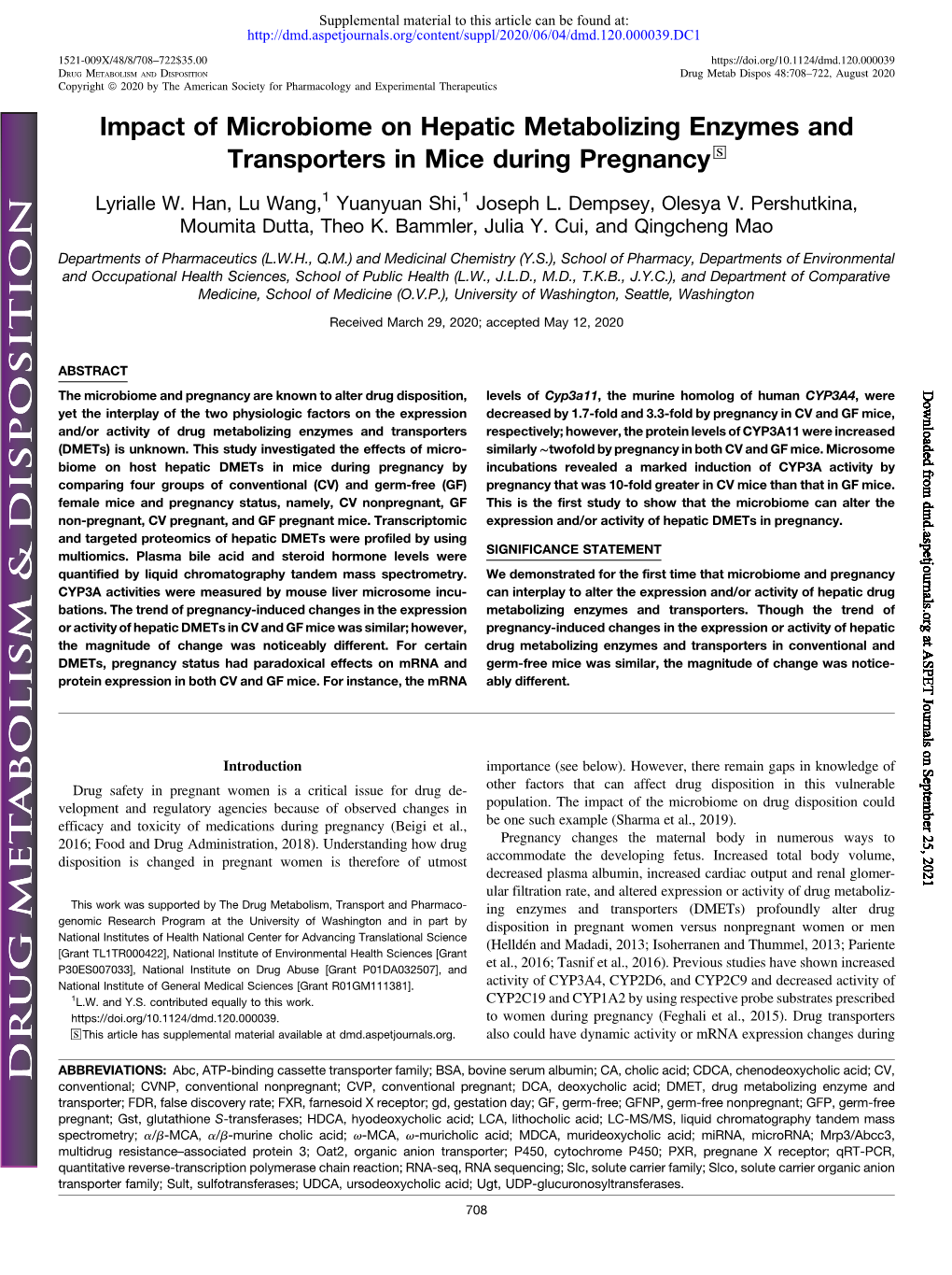 Impact of Microbiome on Hepatic Metabolizing Enzymes and Transporters in Mice During Pregnancy S