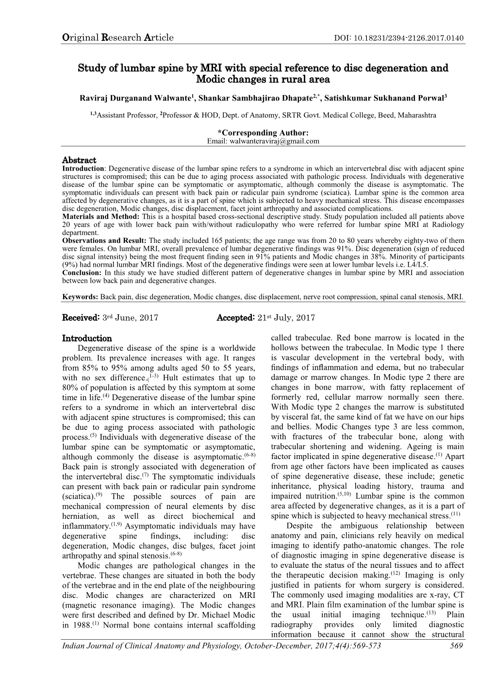 Study of Lumbar Spine by MRI with Special Reference to Disc Degeneration and Modic Changes in Rural Area