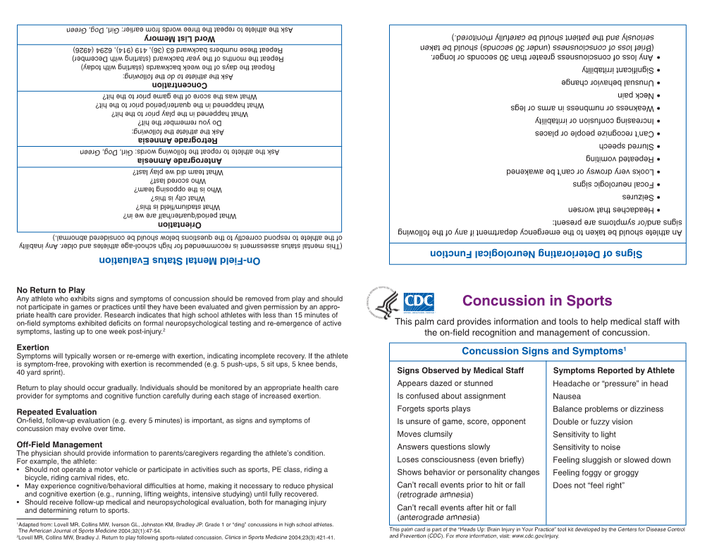 CDC Concussion in Sports On-Field Card