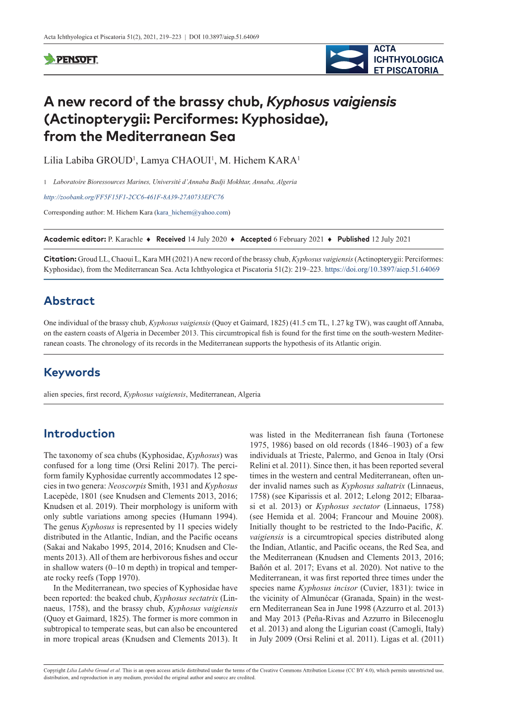 A New Record of the Brassy Chub, Kyphosus Vaigiensis (Actinopterygii: Perciformes: Kyphosidae), from the Mediterranean Sea