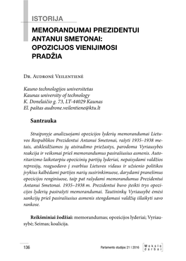 Memorandumai Prezidentui Antanui Smetonai: Opozicijos Vienijimosi Pradžia