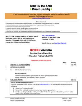 Regular Council Meeting Monday, February 8, 2021