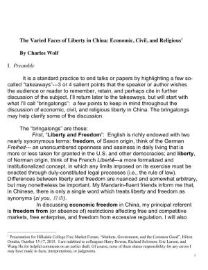 The Varied Faces of Liberty in China: Economic, Civil, and Religious1