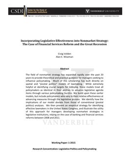 Incorporating Legislative Effectiveness Into Nonmarket Strategy: the Case of Financial Services Reform and the Great Recession