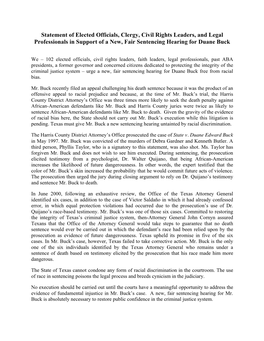 Statement of Elected Officials, Clergy, Civil Rights Leaders, and Legal Professionals in Support of a New, Fair Sentencing Hearing for Duane Buck