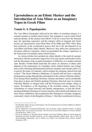 Uprootedness As an Ethnic Marker and the Introduction of Asia Minor As an Imaginary Topos in Greek Films