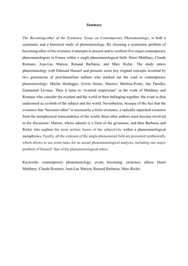Summary the Becoming-Other of the Existence, Essay on Contemporary
