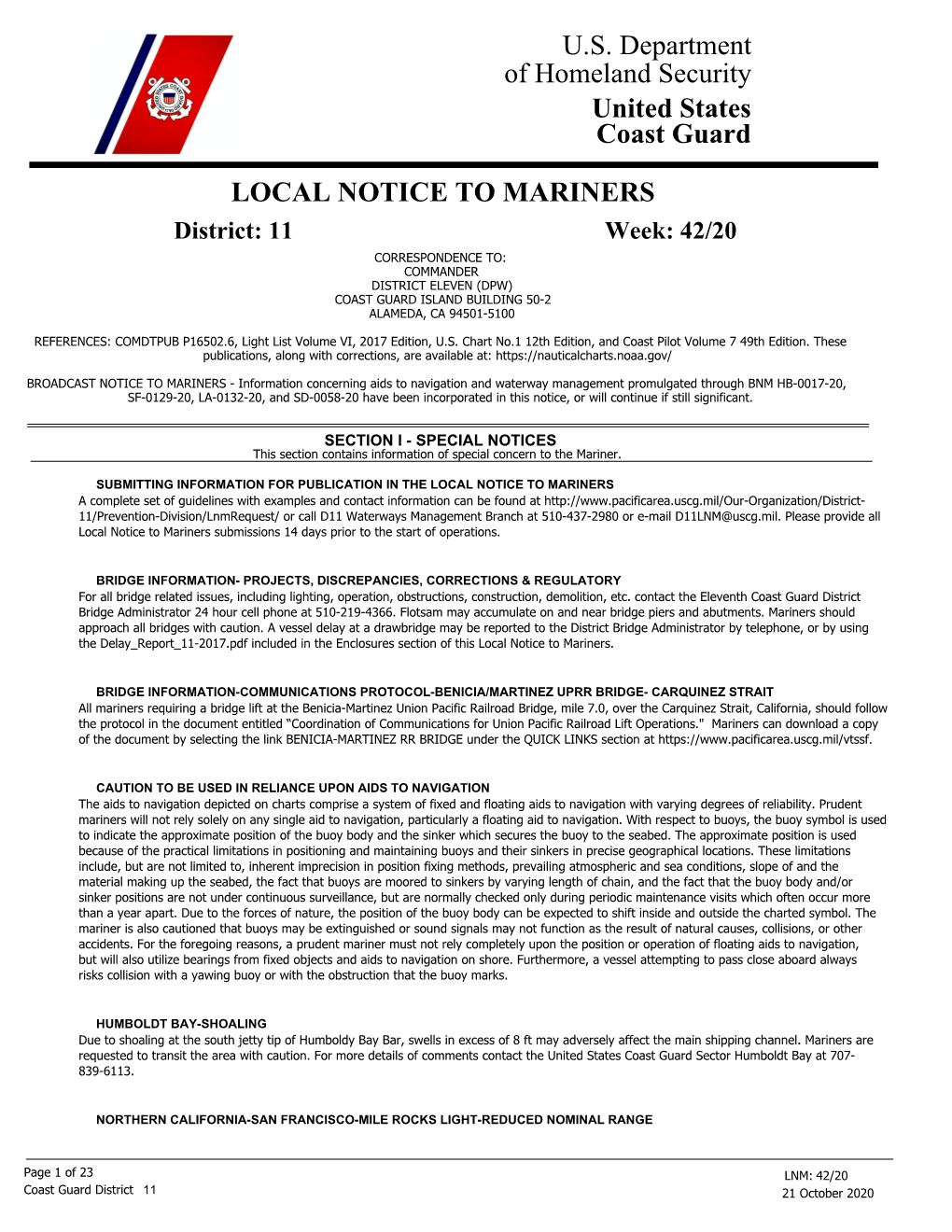 Local Notice to Mariners Lnm11422020