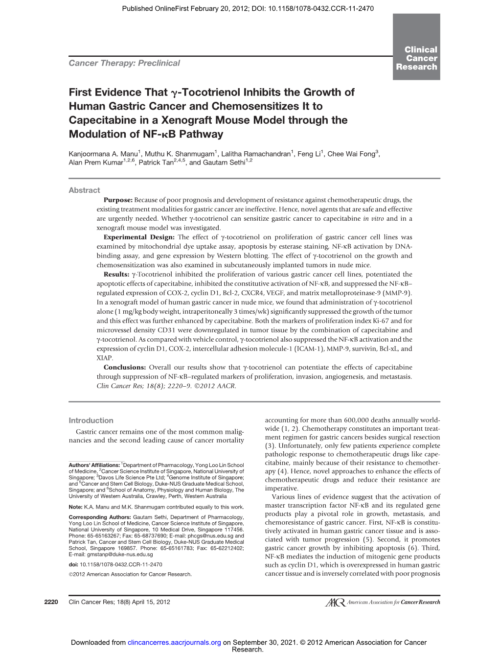 First Evidence That G-Tocotrienol Inhibits the Growth of Human