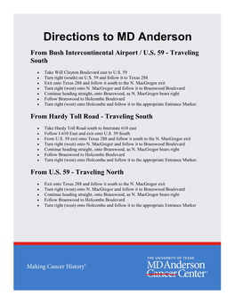 Driving Directions to MD Anderson