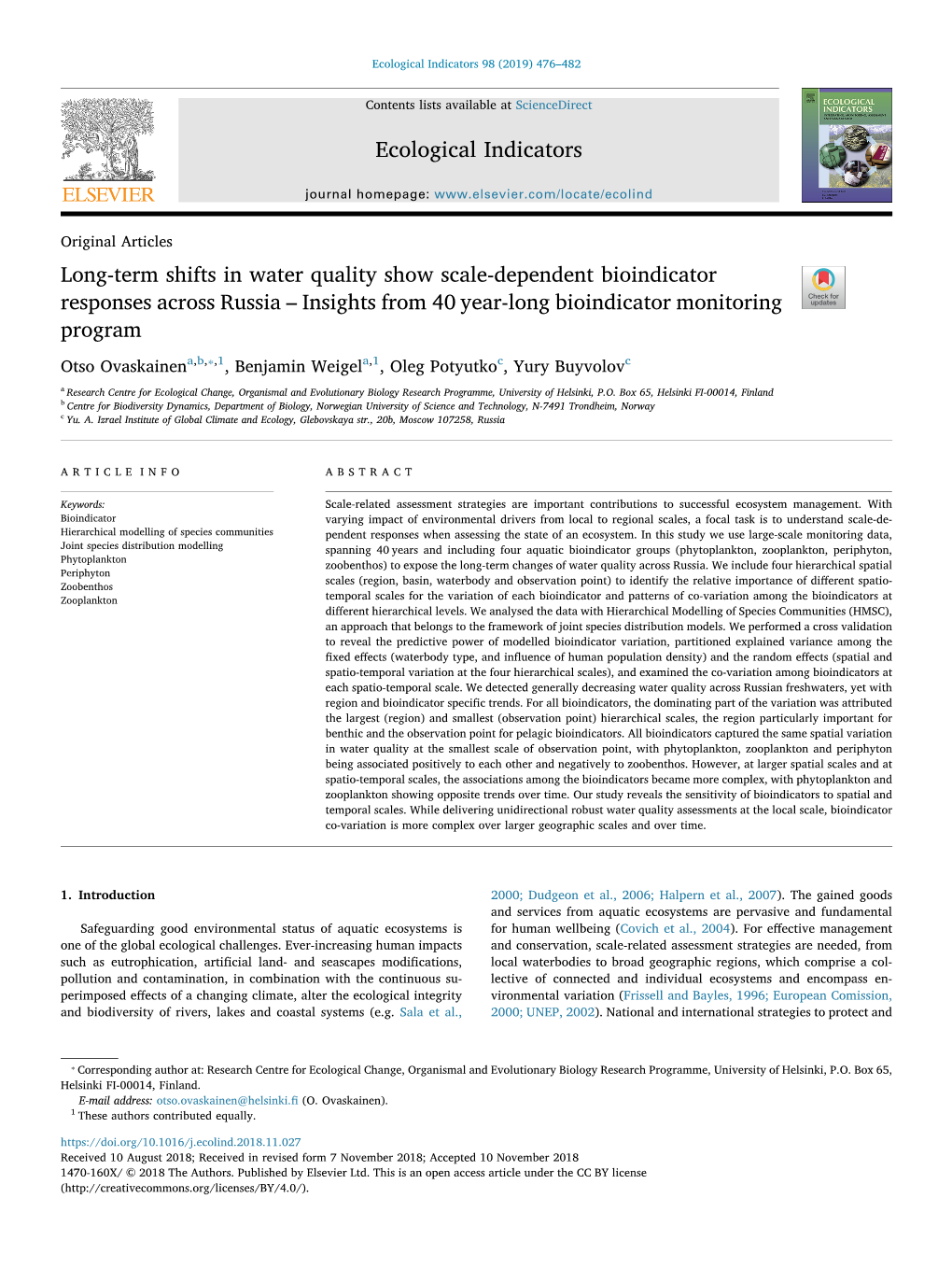 Long-Term Shifts in Water Quality Show Scale-Dependent Bioindicator