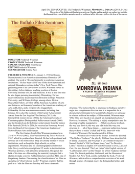 Frederick Wiseman: MONROVIA, INDIANA (2018, 143M) the Version of This Goldenrod Handout Sent out in Our Monday Mailing, and the One Online, Has Hot Links