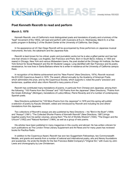 Poet Kenneth Rexroth to Read and Perform
