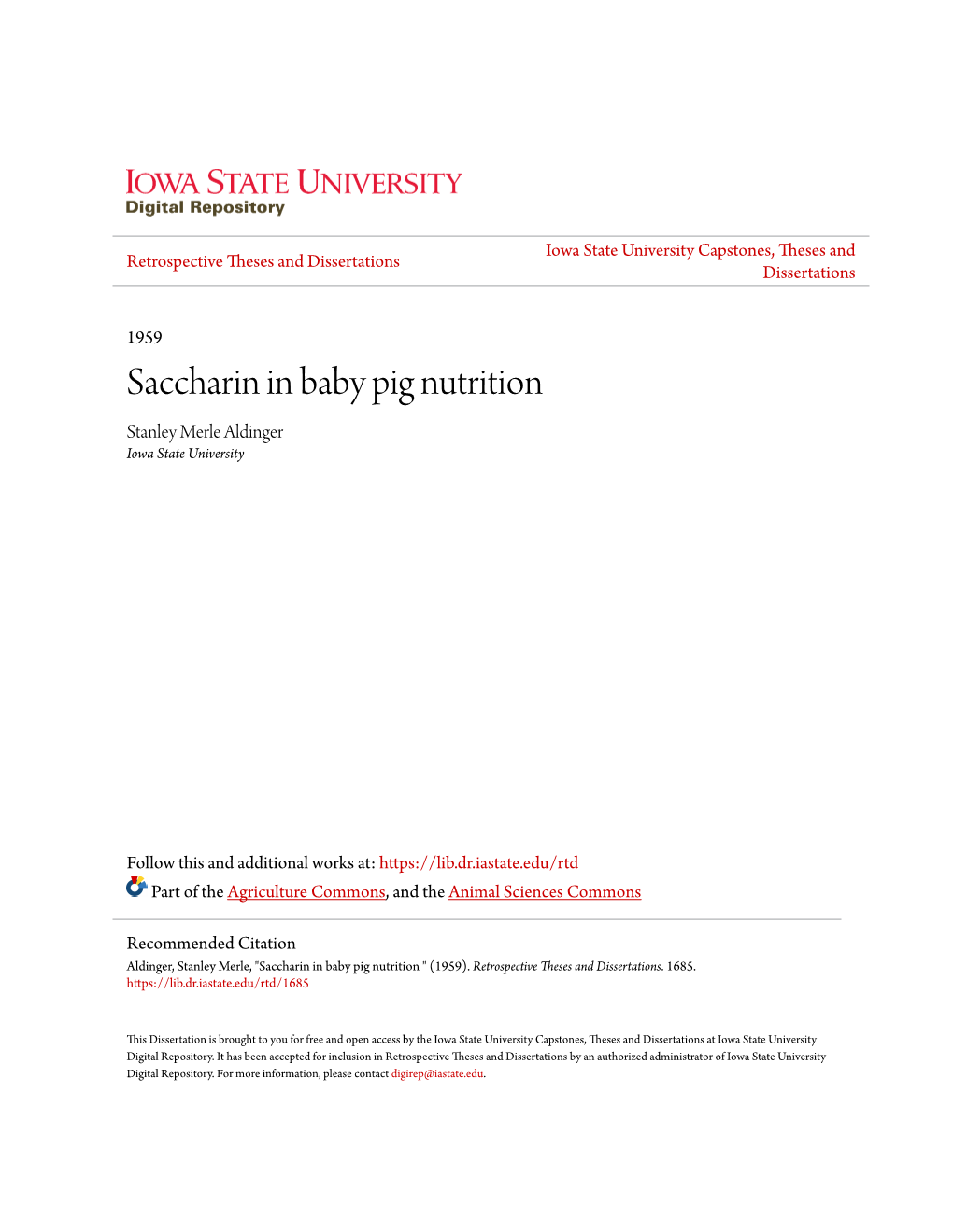 Saccharin in Baby Pig Nutrition Stanley Merle Aldinger Iowa State University