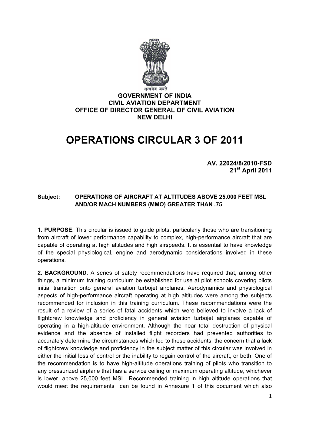 Operations Circular 3 of 2011