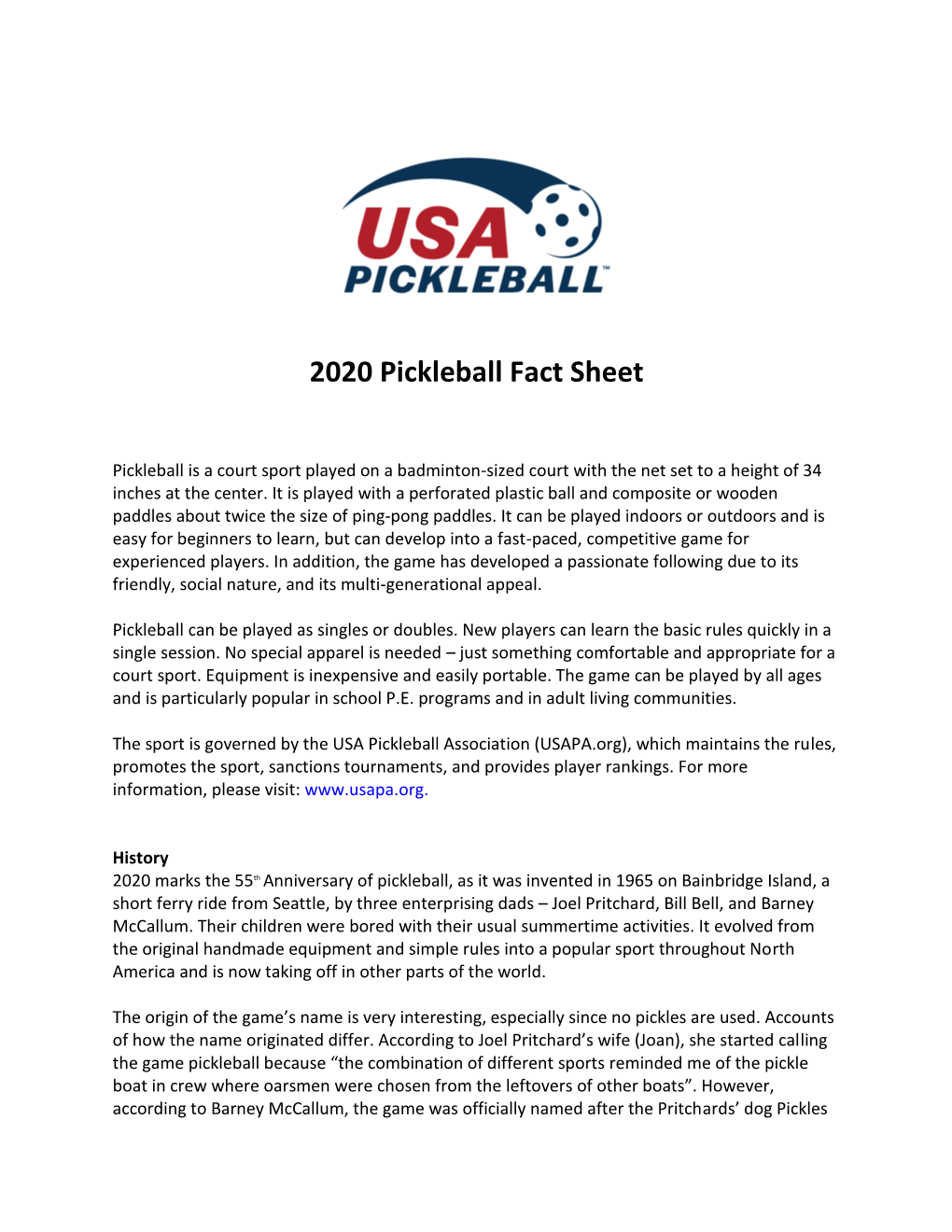 2020 Pickleball Fact Sheet