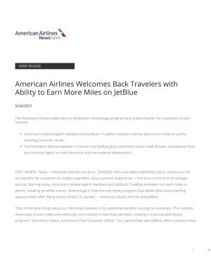 American Airlines Welcomes Back Travelers with Ability to Earn More Miles on Jetblue