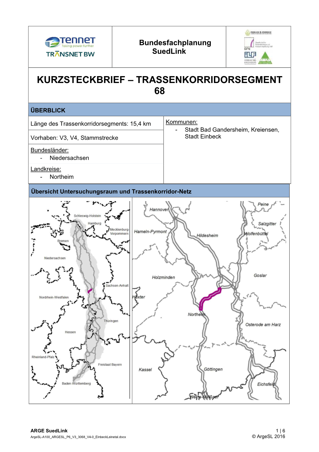 Kurzsteckbrief – Trassenkorridorsegment 68