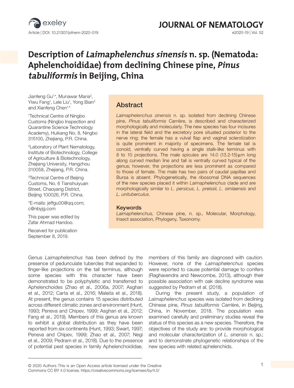 Nematoda: Aphelenchoididae) from Declining Chinese Pine, Pinus Tabuliformis in Beijing, China