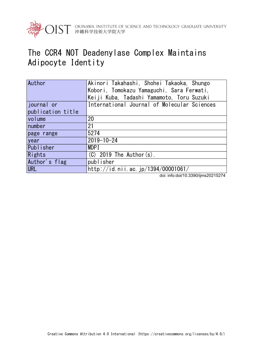 The CCR4–NOT Deadenylase Complex Maintains Adipocyte Identity