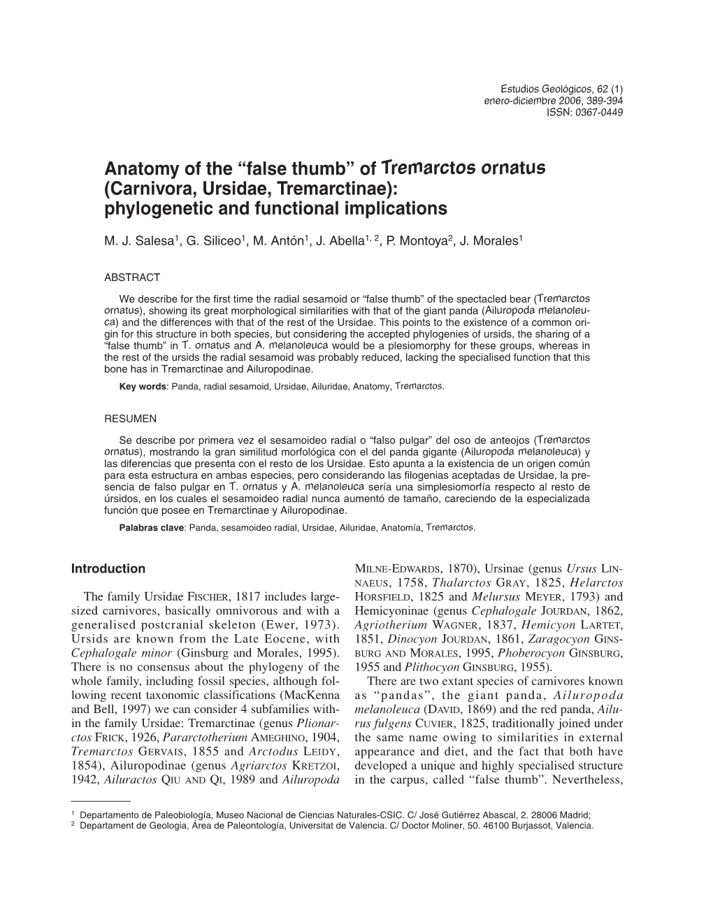 False Thumb” of Tremarctos Ornatus (Carnivora, Ursidae, Tremarctinae): Phylogenetic and Functional Implications