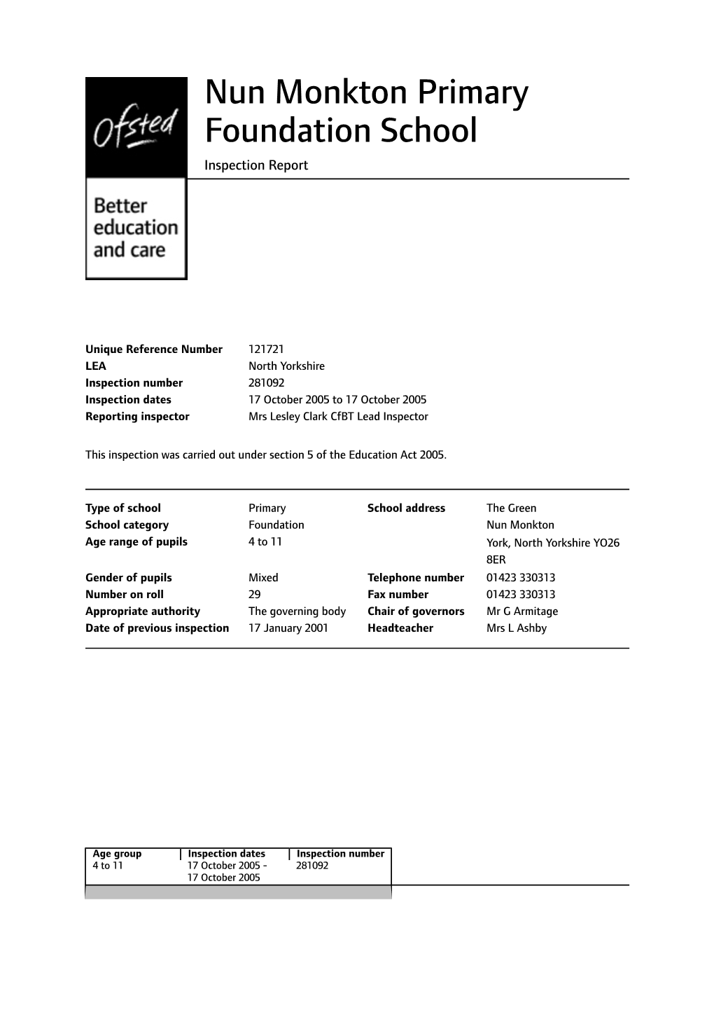 Nun Monkton Primary Foundation School Inspection Report