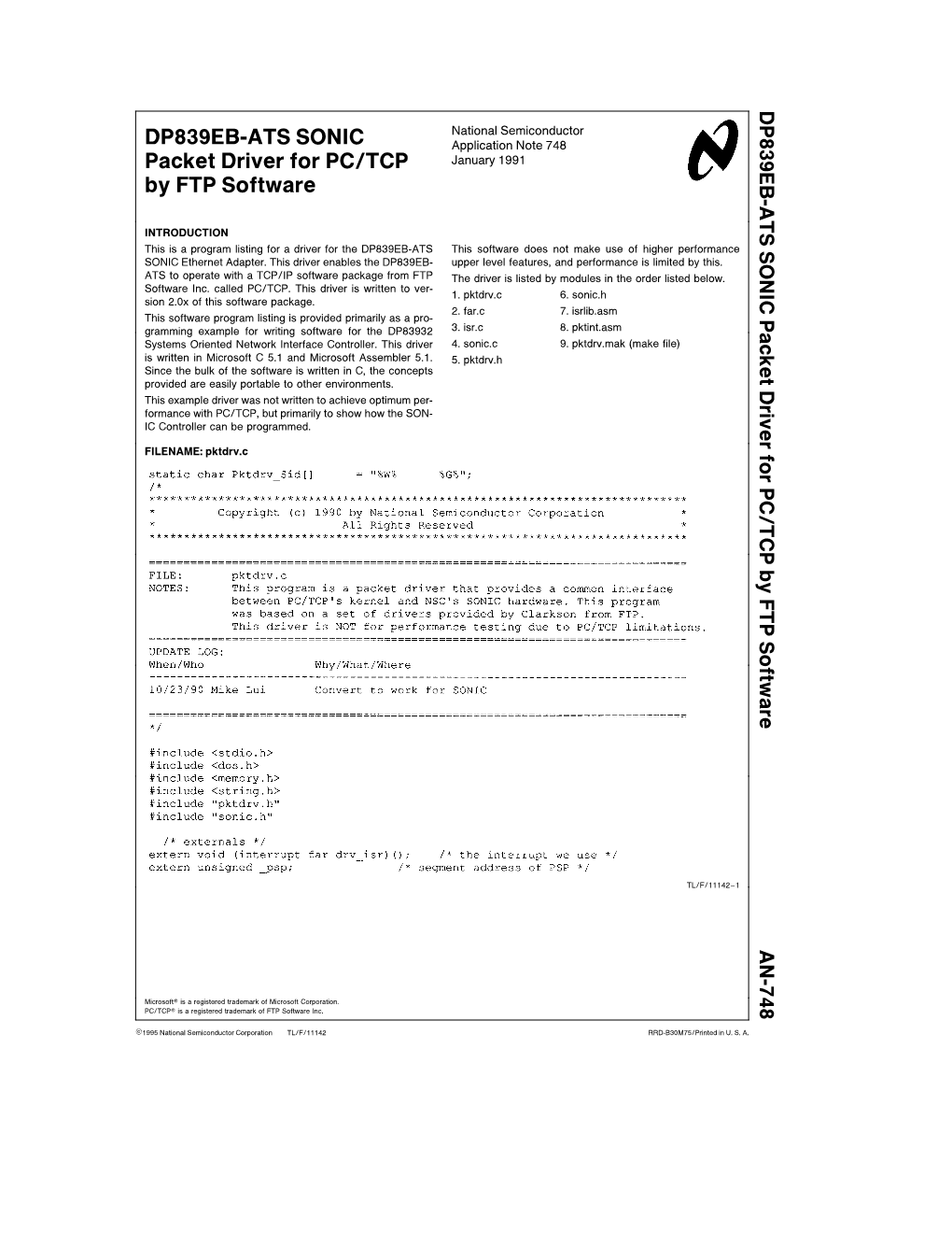 DP839EB-ATS SONIC Packet Driver for PC/TCP by FTP Software