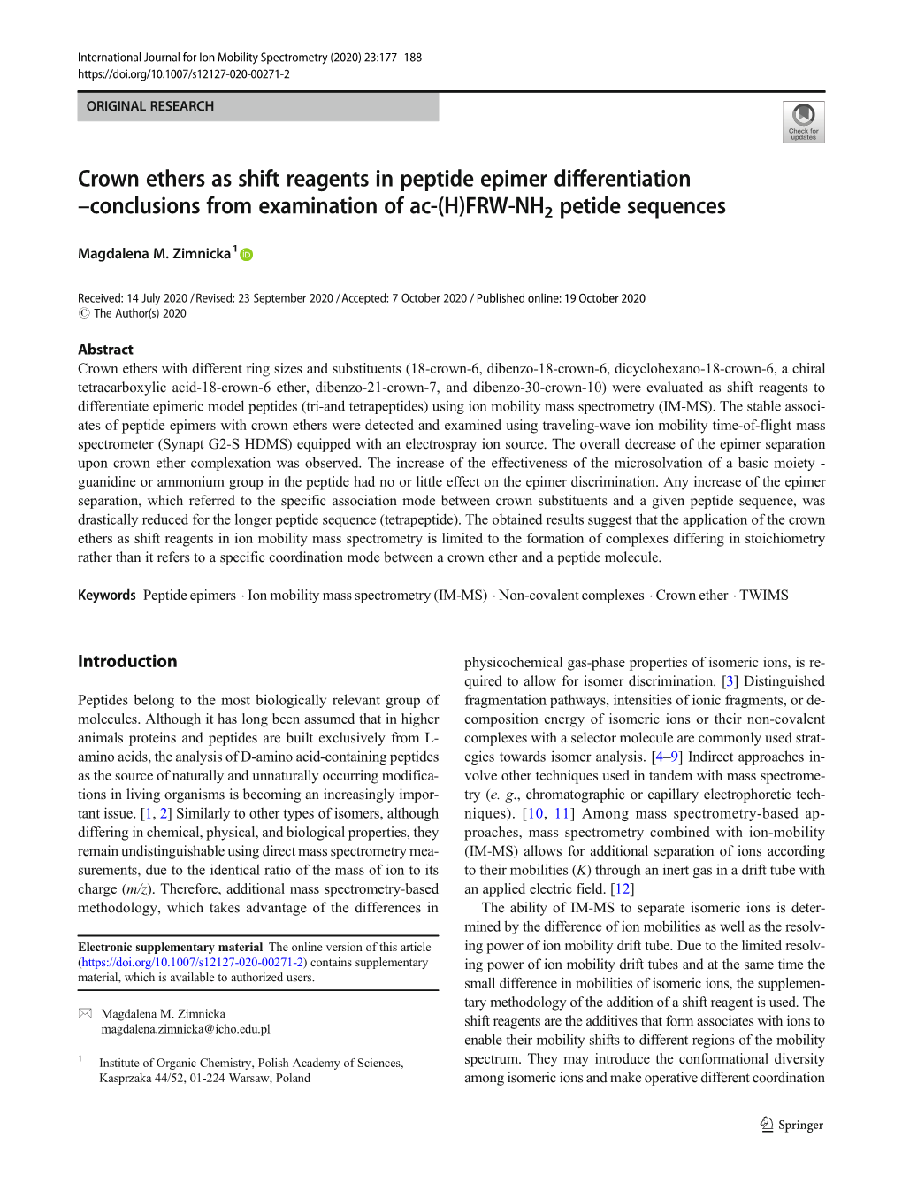 Crown Ethers As Shift Reagents in Peptide Epimer Differentiation –Conclusions from Examination of Ac-(H)FRW-NH2 Petide Sequences