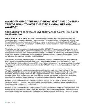 Award-Winning "The Daily Show" Host and Comedian Trevor Noah to Host the 63Rd Annual Grammy Awards®