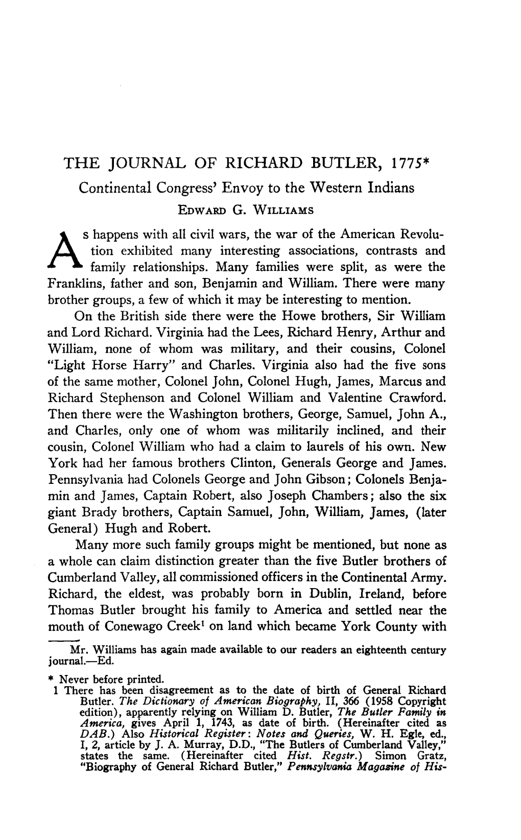 THE JOURNAL of RICHARD BUTLER, 1775* Continental Congress' Envoy to the Western Indians Edward G