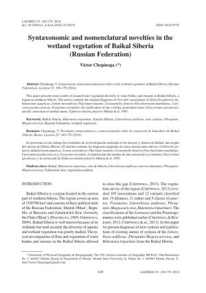 Syntaxonomic and Nomenclatural Novelties in the Wetland Vegetation of Baikal Siberia (Russian Federation) Victor Chepinoga (*)