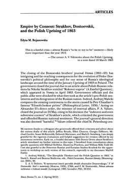 Strakhov, Dostoevskii, and the Polish Uprising of 1863