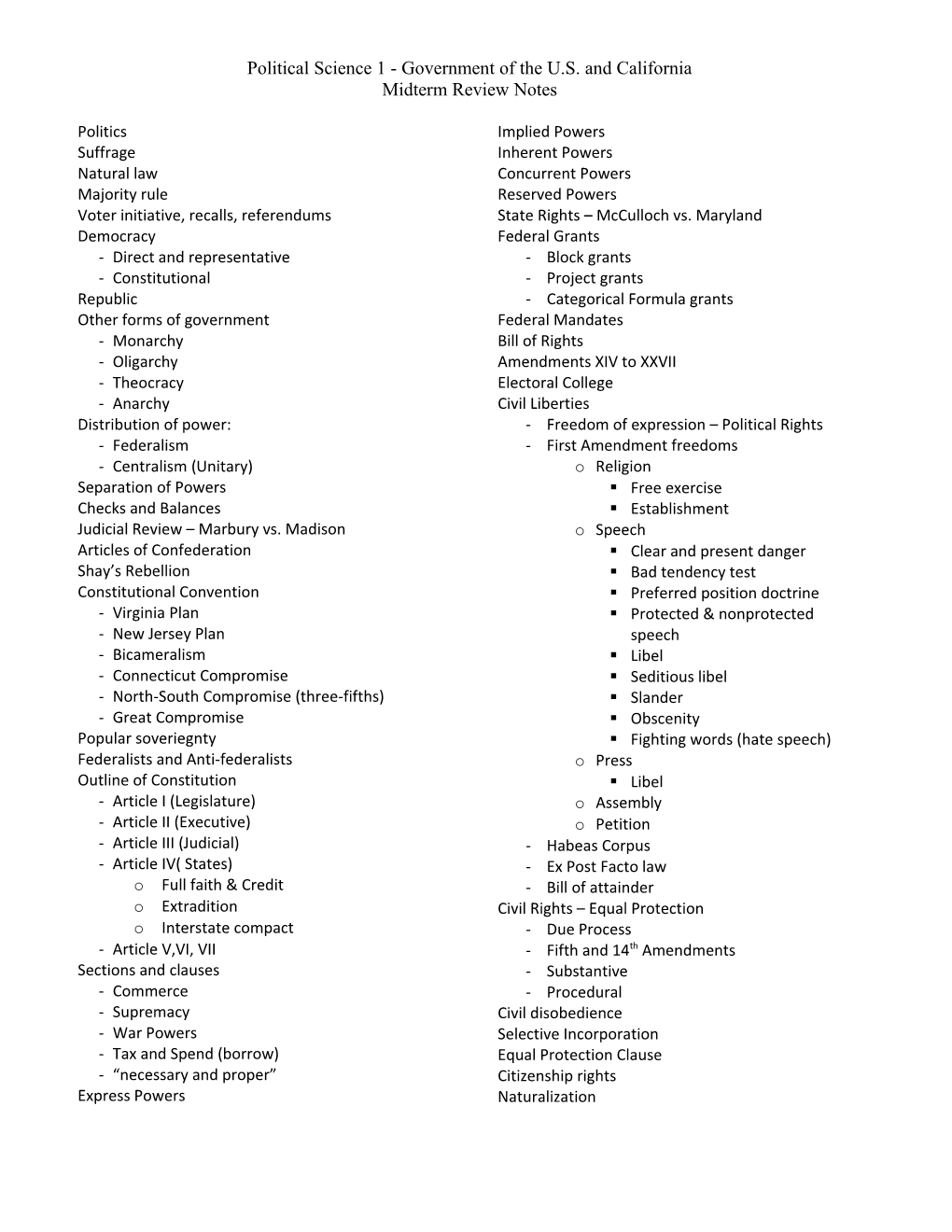 Political Science 1 - Government of the U.S. and California