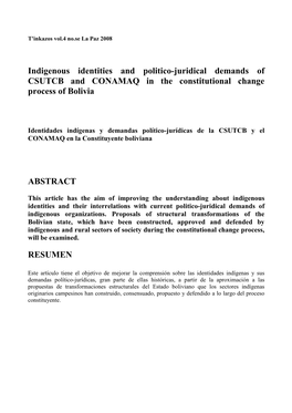 Indigenous Identities and Politico-Juridical Demands of CSUTCB and CONAMAQ in the Constitutional Change Process of Bolivia ABSTR