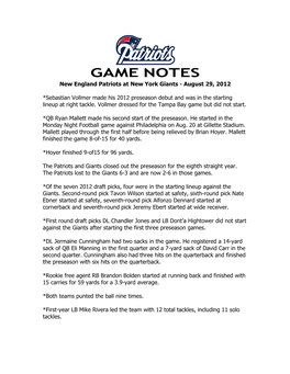 Patriots at Philadelphia Game Notes