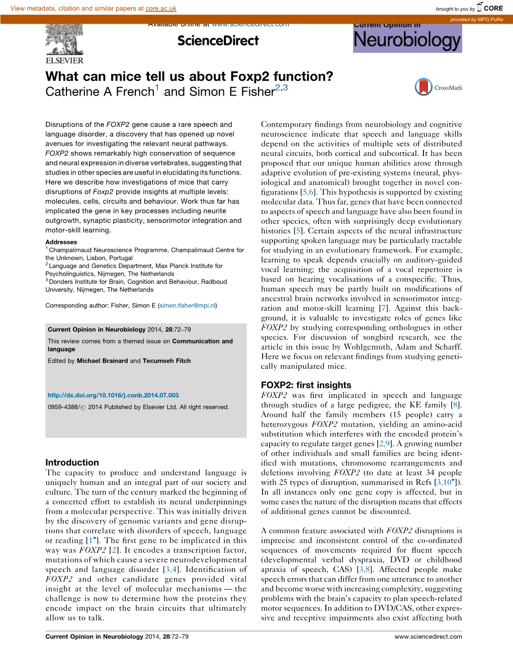 What Can Mice Tell Us About Foxp2 Function?