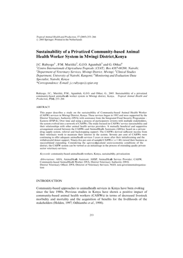 Sustainability of a Privatized Community-Based Animal Health Worker System in Mwingi District,Kenya