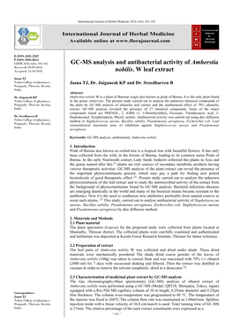 GC-MS Analysis and Antibacterial Activity of Amherstia Nobilis. W Leaf