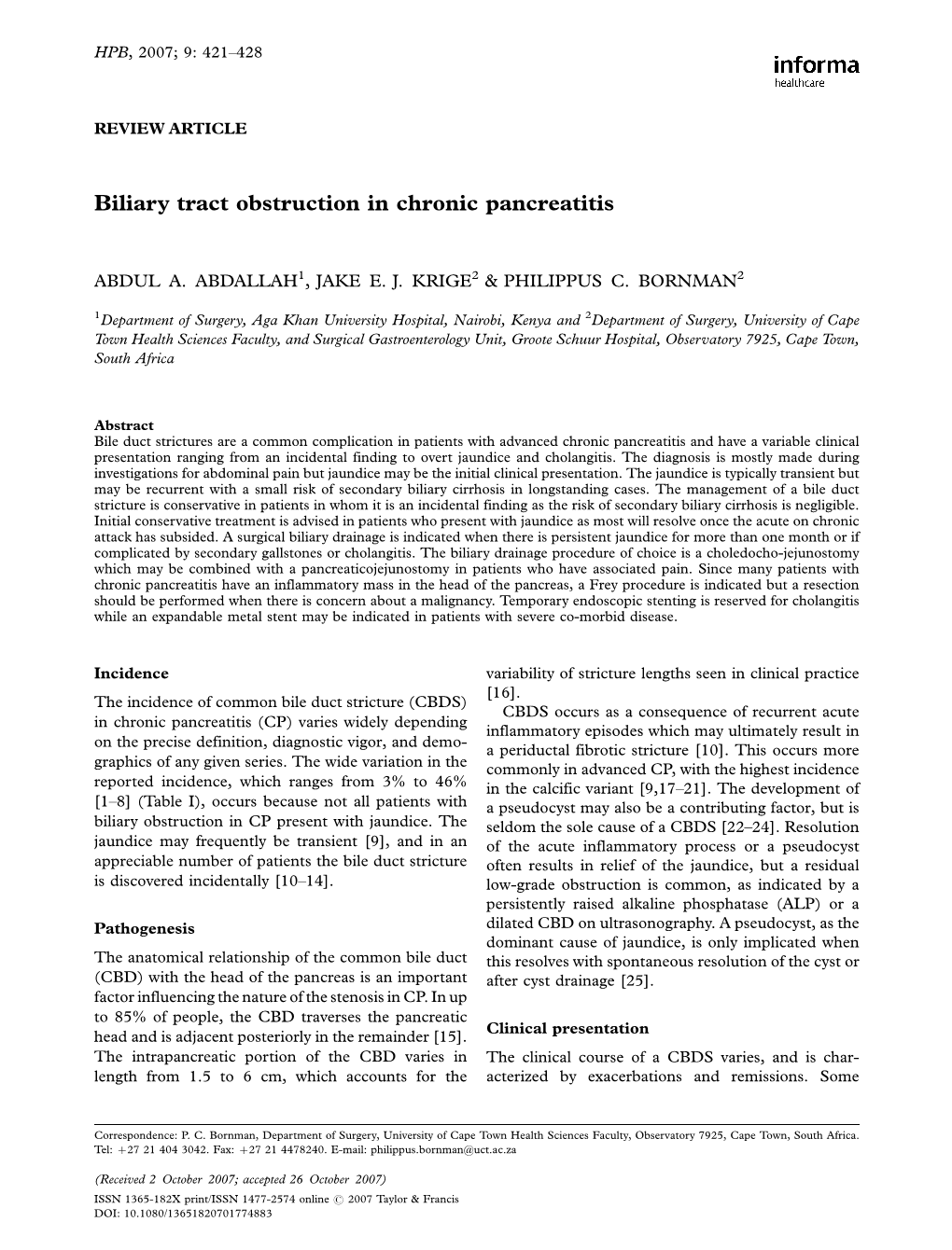 Biliary Tract Obstruction in Chronic Pancreatitis