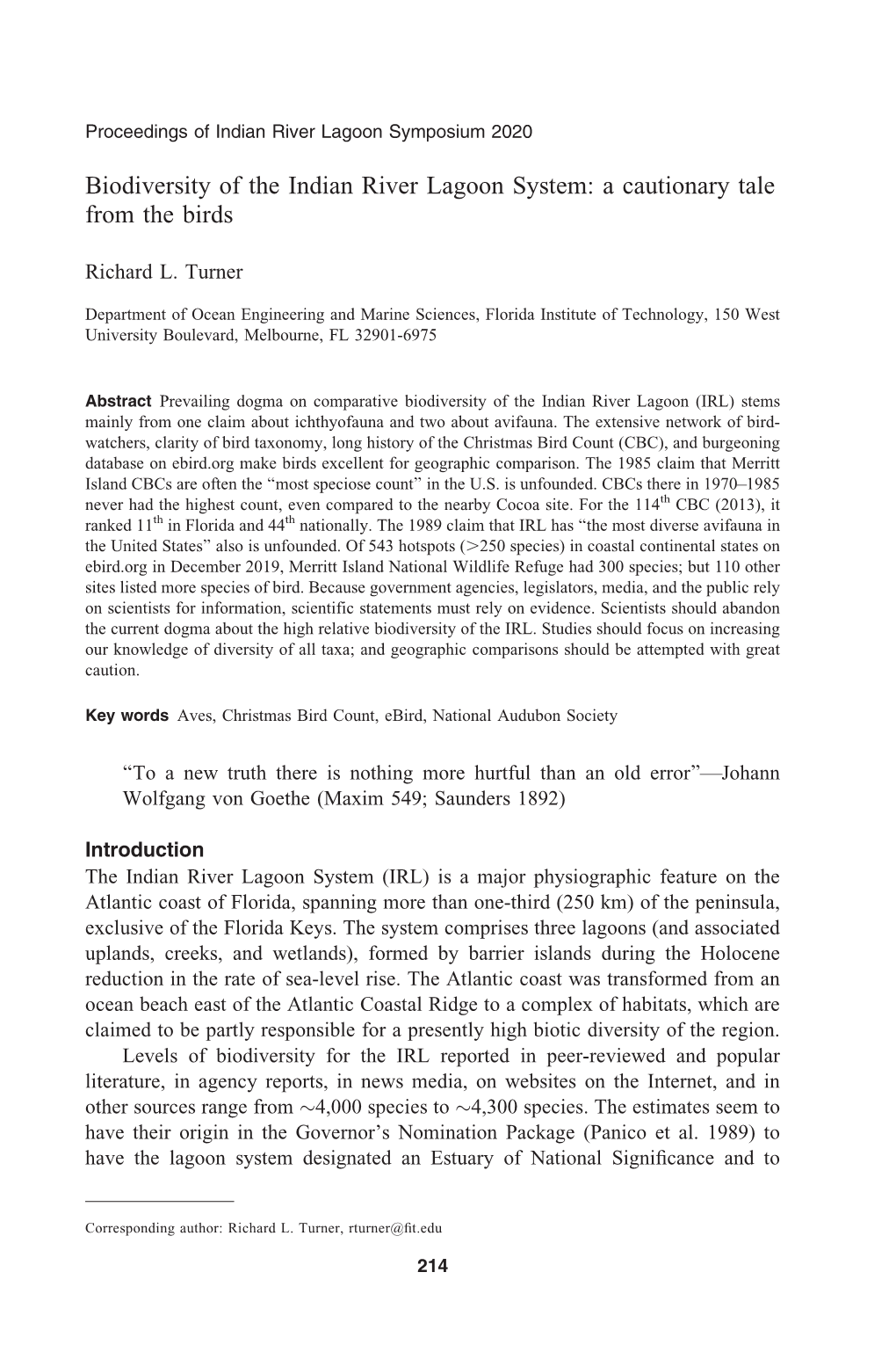 Biodiversity of the Indian River Lagoon System: a Cautionary Tale from the Birds